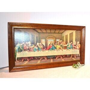 Vintage Jesus Last Supper Framed Litho Large 1960s